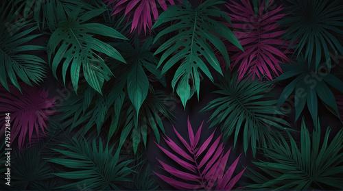 Palm leaves in contrasting pink and green shades on a dark background