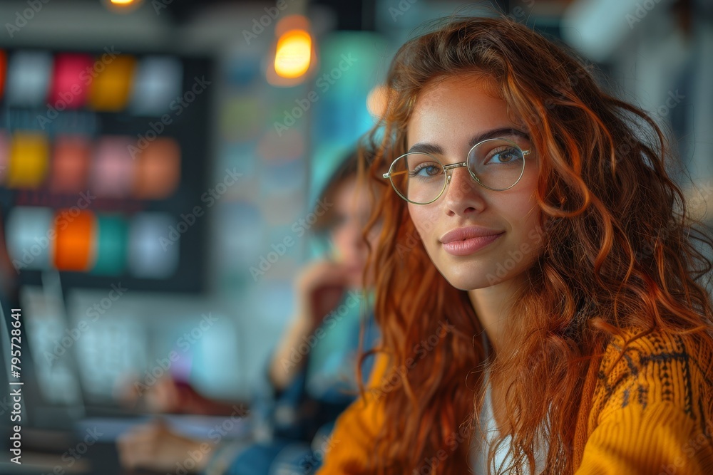 Young woman wearing glasses smiles gently in a sunlit office space Young woman wearing glasses smiles gently in a sunlit office space