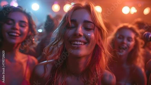 Friends dancing to electronic music at a club with disco lights. Concept Nightlife, Electronic Music, Dancing Friends, Disco Lights, Club Atmosphere