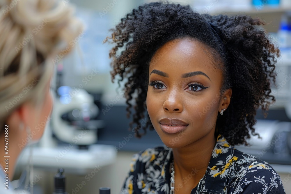 An engaged conversation between a beauty therapist and a young female client at a clinic An engaged conversation between a beauty therapist and a young female client at a clinic