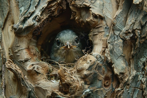 Detail a bird nesting in a tree, focusing on the commensal relationship where the bird benefits from the shelter without affecting the tree photo