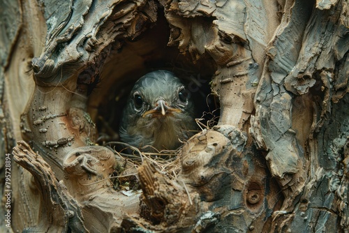 Detail a bird nesting in a tree, focusing on the commensal relationship where the bird benefits from the shelter without affecting the tree