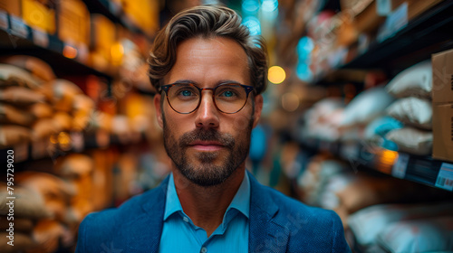 Man Wearing Glasses Standing in a Store. Generative AI