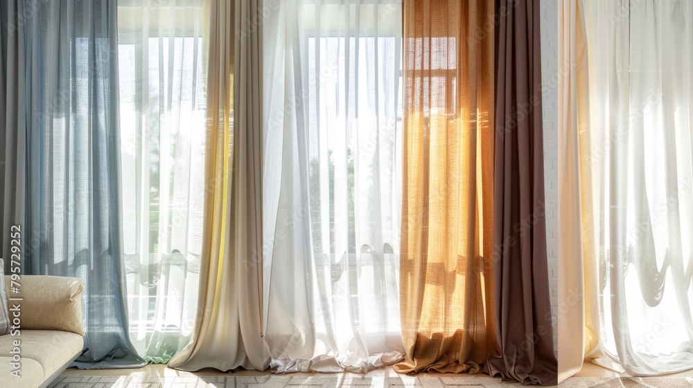images depicting a home with windows dressed in different curtains for each season: light sheers for spring, blackout for summer, thermal for autumn, and insulated for winter images depicting a home with windows dressed in different curtains for each season: light sheers for spring, blackout for summer, thermal for autumn, and insulated for winter