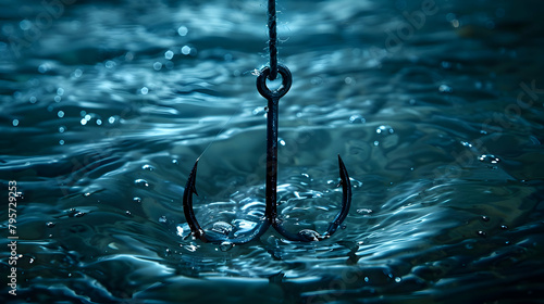 An illustration of a simple fishhook without bait under clear water photo