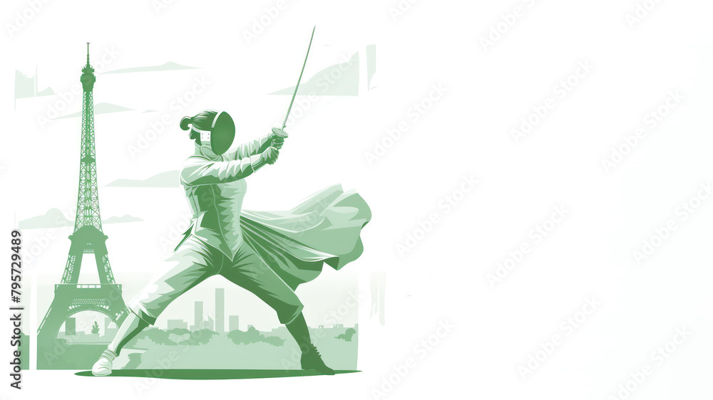 Green illustration of female fencer holding a sword by eiffel tower