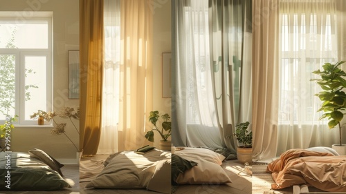 images depicting a home with windows dressed in different curtains for each season: light sheers for spring, blackout for summer, thermal for autumn, and insulated for winter photo