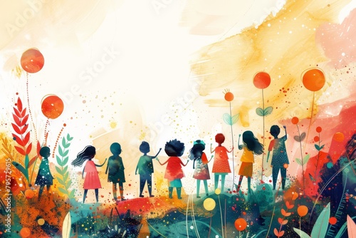 Children rights activists abstract illustration. Childrens day watercolor painting. World Children's Day. Protection of children's rights. World Children's Day illustration