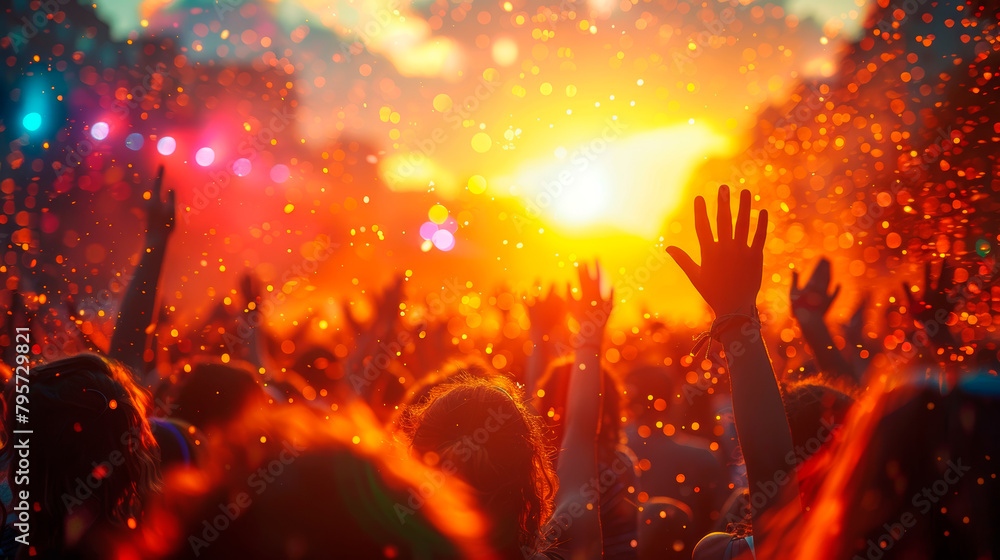 Crowd of People With Hands in the Air at Concert. Generative AI