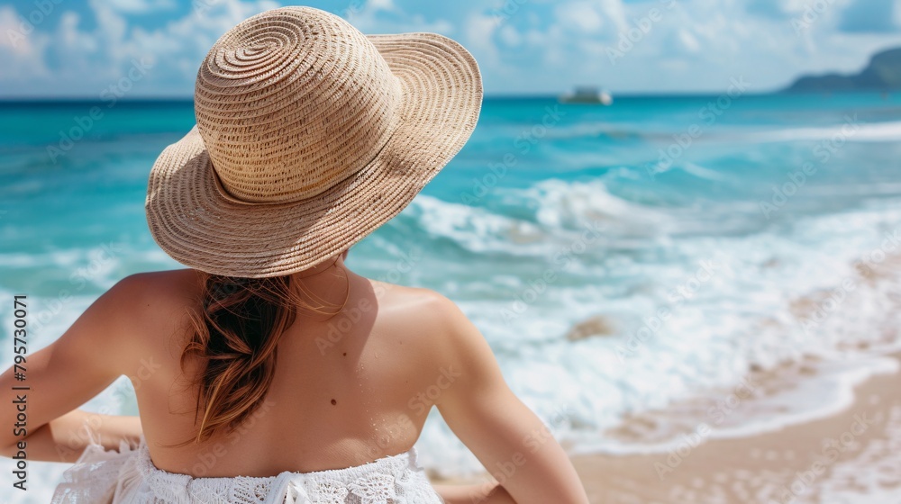 Portrait of young beautiful woman with white straw hat standing at beach. Young smiling woman on vacation enjoy sea breeze wearing straw hat and looking at camera. Attractive beautiful girl.