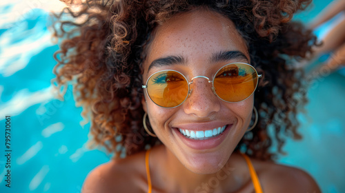 Woman in Yellow Bathing Suit and Sunglasses. Generative AI