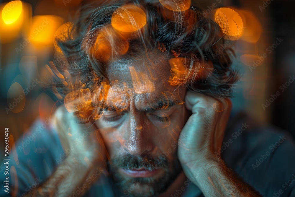 A mature man with a beard and brooding expression holds his head, portraying a moment of stress or concern A mature man with a beard and brooding expression holds his head, portraying a moment of stress or concern