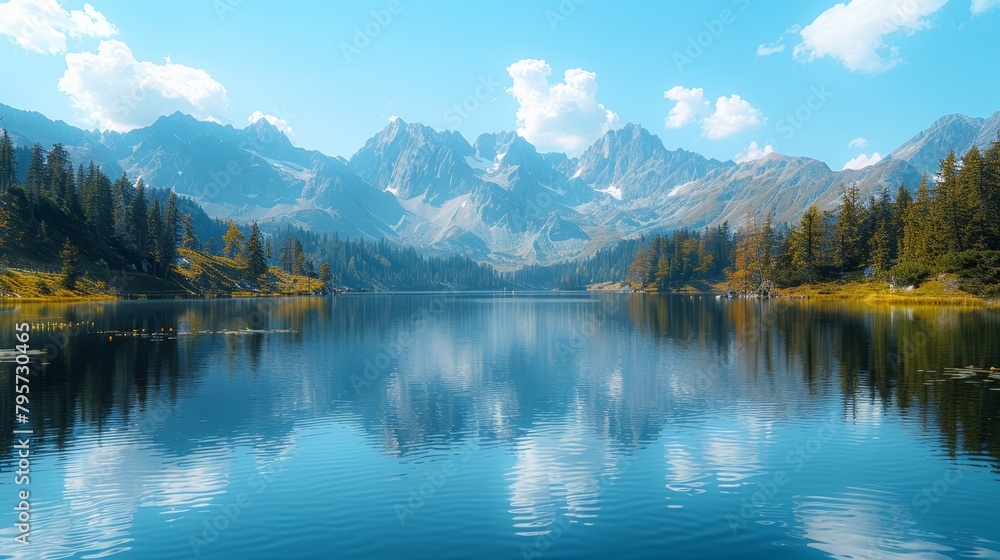   A expansive water body, encircled by trees, lies before a towering mountain range with blue-skied peaks crowned by clouds
