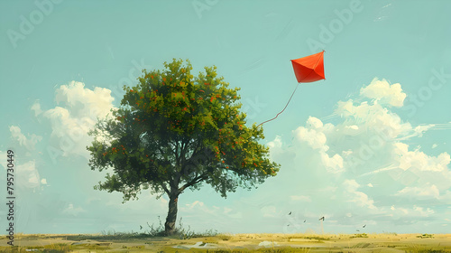 An illustration of a single minimalist kite stuck in a tree photo