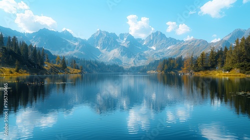  A expansive water body, encircled by trees, lies before a towering mountain range with blue-skied peaks crowned by clouds