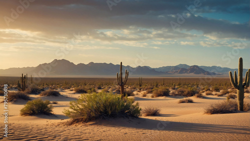 Desert Mirage, A Vibrant Desert Landscape, Mirage-like with Vivid Sand Dunes and Cacti.
