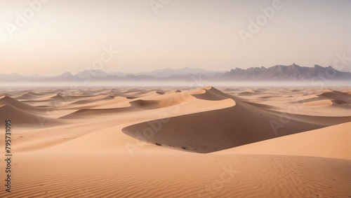 Dreamy Desert Dunes, Landscape with Fog in Sandstone Beige, Blurring the Horizon in a Desert Dream.