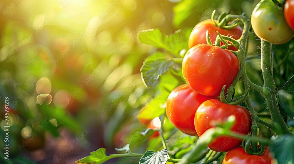 Beautiful red ripe heirloom tomatoes grown in a greenhouse. Gardening tomato photograph with copy space. Shallow depth of field. AI generated illustration