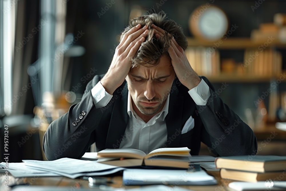 Overwhelmed businessman feeling stressed with head in hands, surrounded by books and paperwork in an office Overwhelmed businessman feeling stressed with head in hands, surrounded by books and paperwork in an office