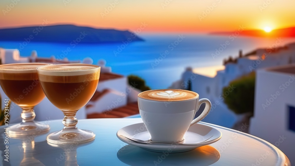 Traditional Greek coffee on the balcony with a beautiful Greek Mediterranean city in the background, A cup of coffee or tea on a blurred background of the evening Greek seascape Traditional Greek coffee on the balcony with a beautiful Greek Mediterranean city in the background, A cup of coffee or tea on a blurred background of the evening Greek seascape