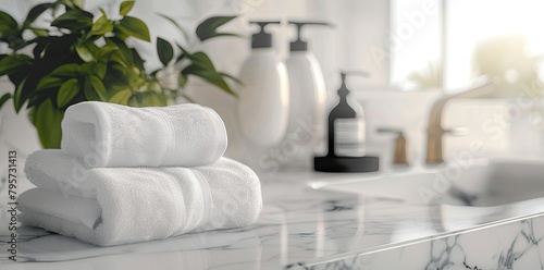 White marble bathroom tabletop with shampoo bottle  towels and copy space for montage your product display over blurred white elegance bathroom in background. AI generated illustration