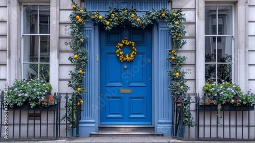   A blue front door adorned with an orange wreath atop and two planters flanking each side photo