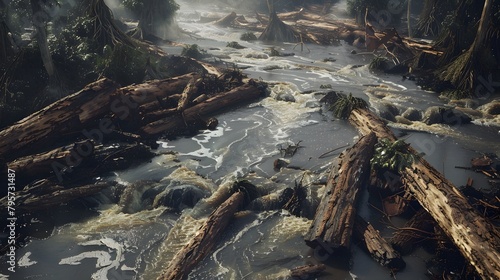 A detailed  high-resolution image showing a river polluted and clogged with logs and debris from nearby deforestation activities.