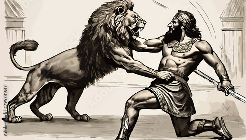 A gladiator fighting a male lion. photo