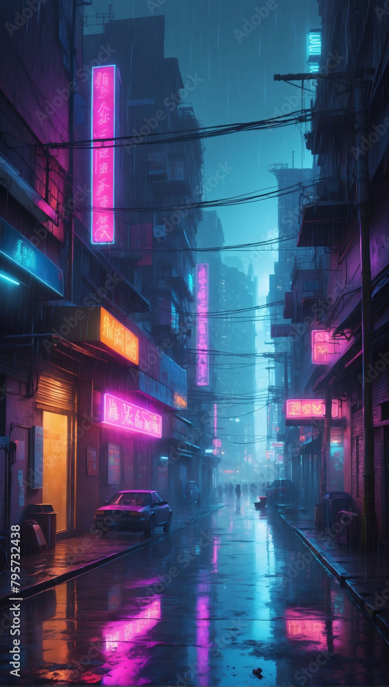 Dystopian Downpour, A Surreal Cityscape Shrouded in Rain and Bathed in Neon Lights.
