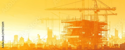 Construction site with cranes, workers and buildings in the background, against a light orange gradient sky. A building is under construction with diagram drawings and visible steel beams