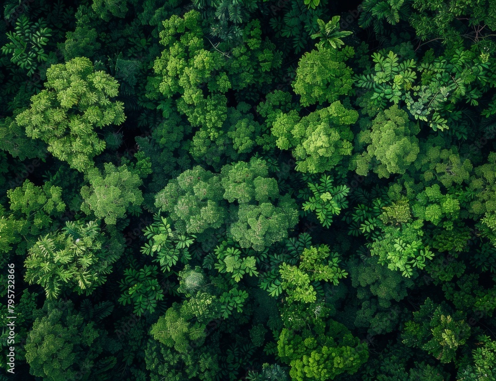 Aerial view of a dense forest with lush green trees, from a top down perspective, with high resolution and detailed texture, in the style of nature photography, with a dark background