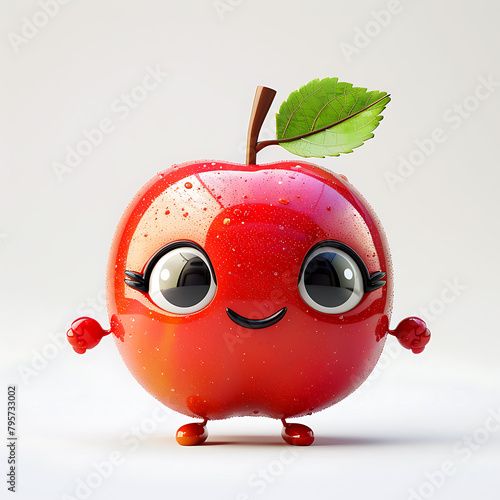 Cute funny apple with hands and eyes, 3d illustration on a white background, for advertising and design of fruit jam and dishes