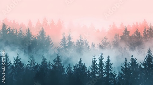 A detailed vector illustration of a misty forest at dawn, with layers of trees fading into a soft, muted background