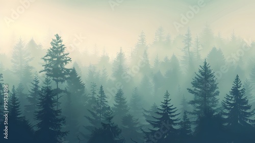 A detailed vector illustration of a misty forest at dawn, with layers of trees fading into a soft, muted background © Love Mohammad