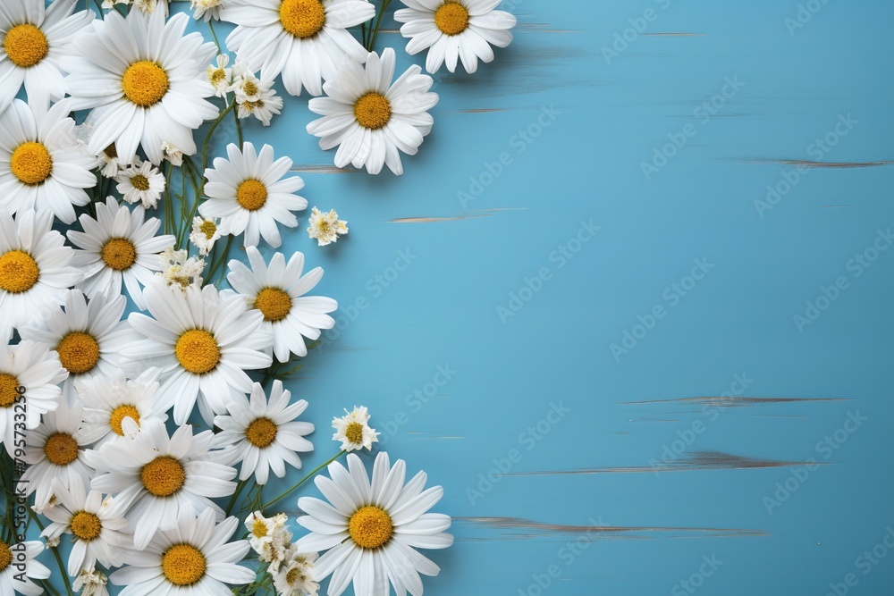 white daisy chamomile flowers frame on blue wooden background top view, beautiful floral template with copy space white daisy chamomile flowers frame on blue wooden background top view, beautiful floral template with copy space