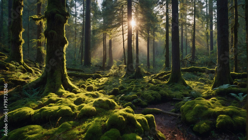 Enchanted Forest, A Landscape Alive with Vibrant Greenery, Moss-Covered Trees, and Sunlit Glades.