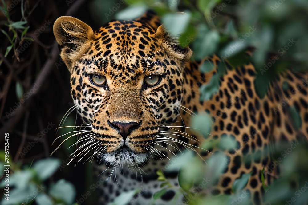 Obraz premium portrait of a leopard hunting from behind the bushes
