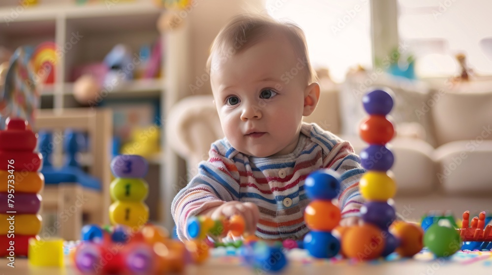 Adorable baby boy playing with stacking building blocks at home while sitting on carpet in living room. Adorable baby boy playing with stacking building blocks at home while sitting on carpet in living room.
