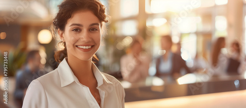 Young woman receptionists standing in hotel lobby near the counter
