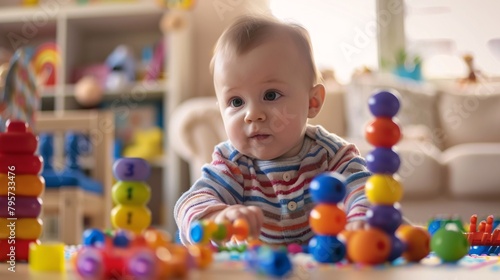 Adorable baby boy playing with stacking building blocks at home while sitting on carpet in living room.