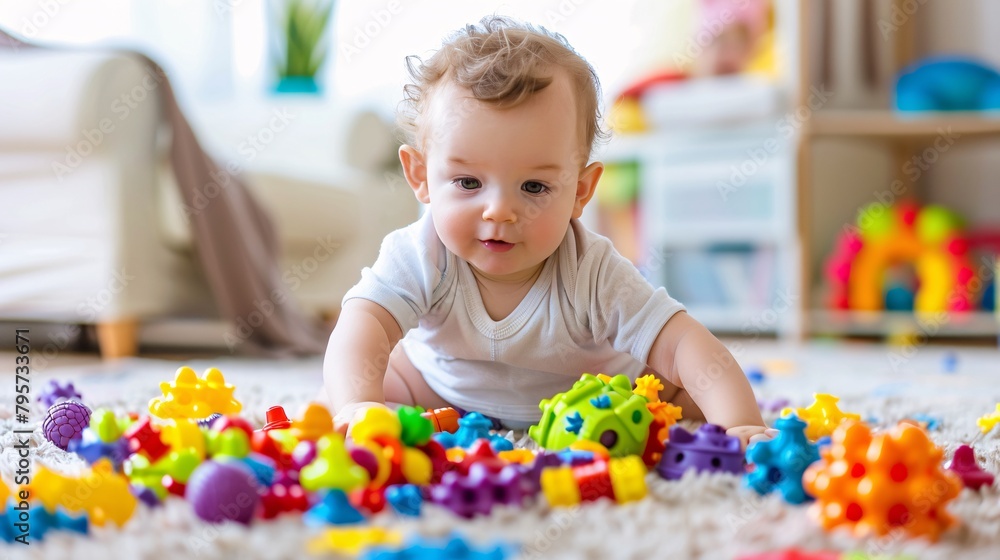Adorable baby boy playing with stacking building blocks at home while sitting on carpet in living room. Adorable baby boy playing with stacking building blocks at home while sitting on carpet in living room.