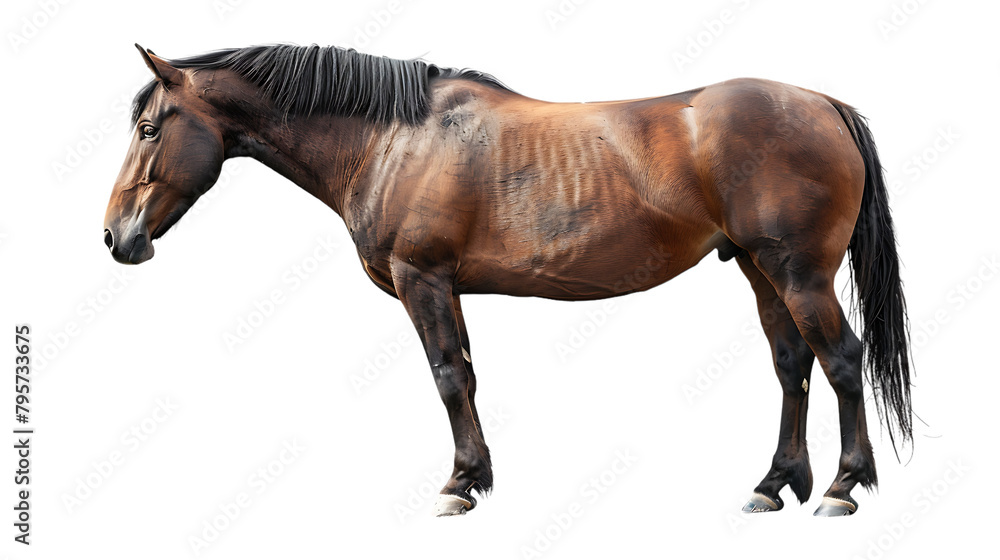  Baiya, an old brown horse with black mane and tail standing on a white background.