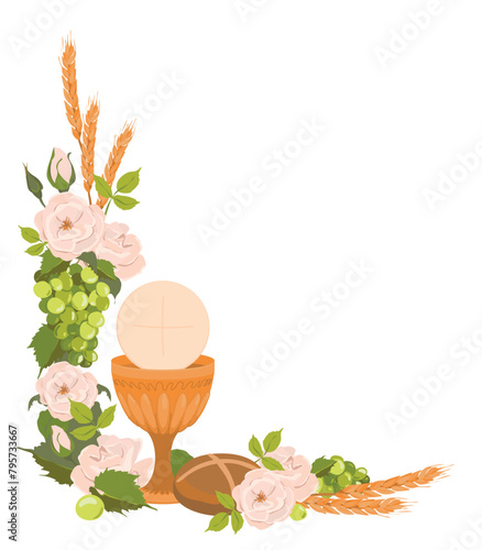 Catholic First Communion. Vector. Golden bowl for wine, bread, wine, grapes, white roses. Elements for beautiful invitation design. Festively decorated altar.