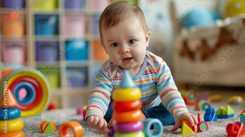 Adorable baby boy playing with stacking building blocks at home while sitting on carpet in living room.