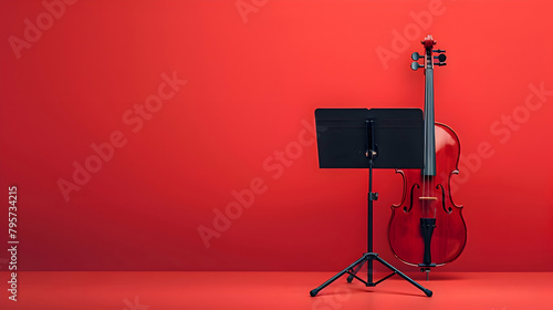 An illustration of a single minimalist violin resting against a music stand photo