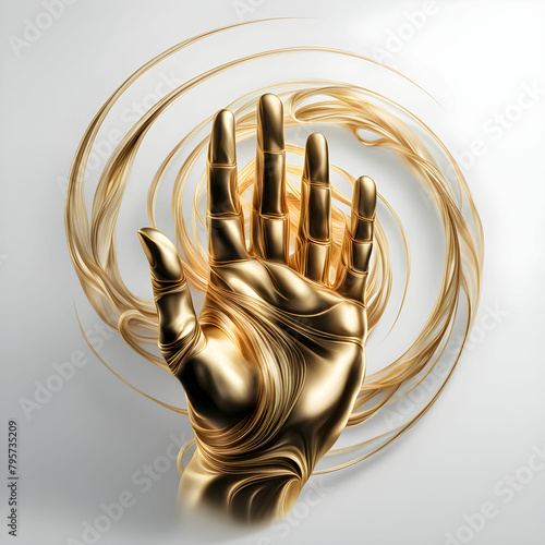 Palma de mão dourada fazendo sinal de pare, com espiral de ouro ao fundo. Mão de ouro mística em fundo branco. photo