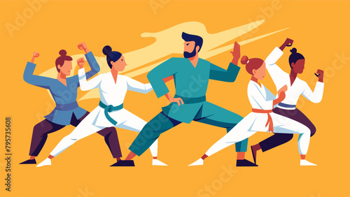 A group of martial arts practitioners practicing drills and techniques in unison showcasing their synchronized tactical thinking and teamwork.