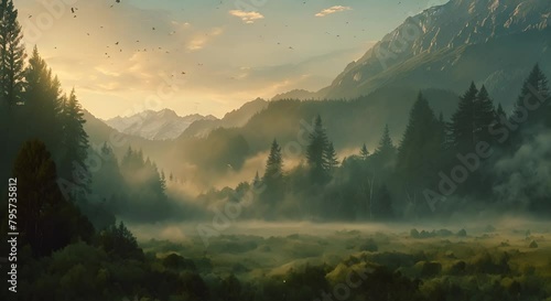 Cinemagraph loop of a serene mountain valley at dawn, with mist rising from the forest floor and birds singing in the distance.  photo