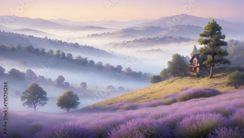 Hazy Hilltop Haven, Landscape with Fog in Soft Lavender, Creating a Hazy Retreat Atop a Hill.