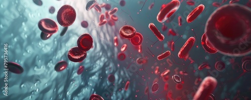 Illustration - red blood cells, erythrocytes, move with the blood flow, image under a microscope, medicine concept. photo